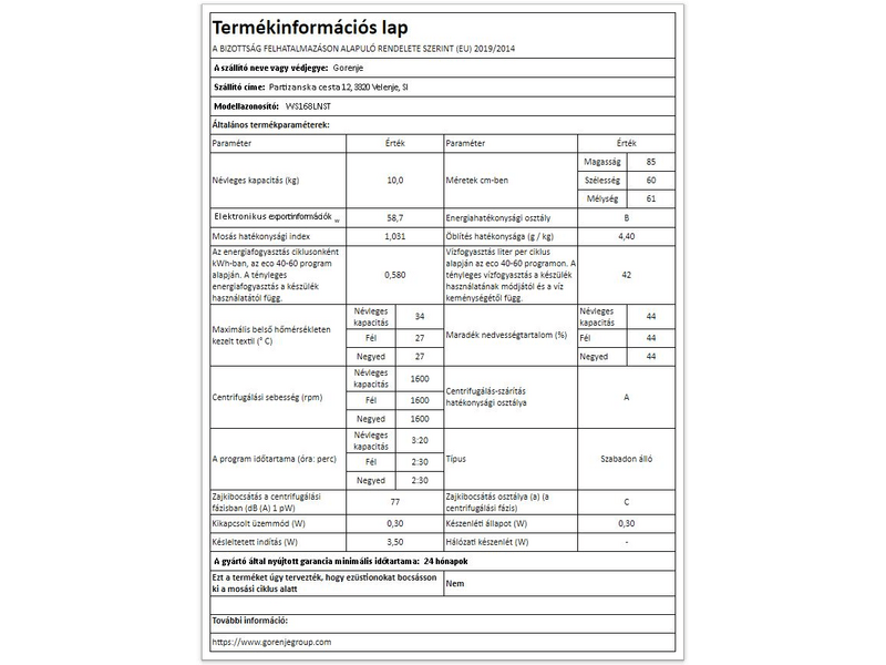 GORENJE WS168LNST Elöltöltős mosógép