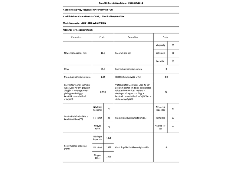 Hotpoint NLCD 10448 WD AW EU N Elöltöltős gőzfunkciós mosógép