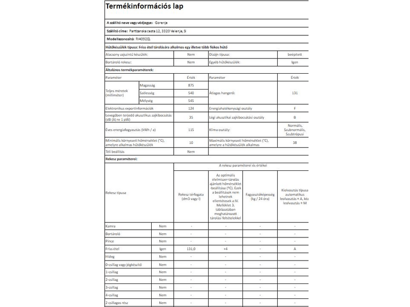 Gorenje RI4092E1 Beépíthető egyajtós hűtőszekrény