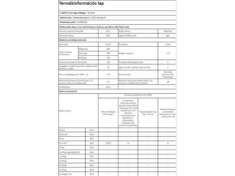 GORENJE RIU6092AW Pult alá építhető hűtőszekrény