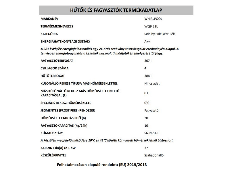 Whirlpool WQ9 B2L Side by side hűtőszekrény