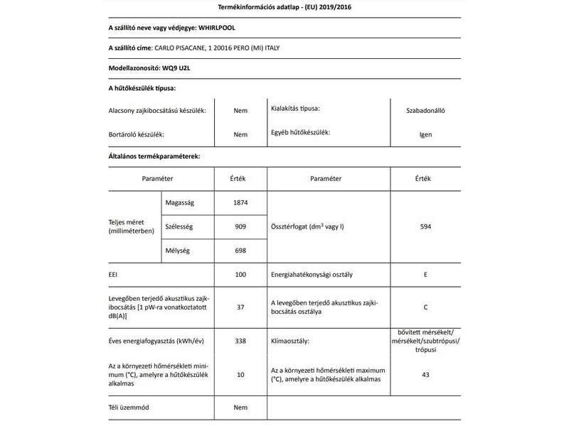 Whirlpool WQ9 U2L Side by side hűtőszekrény