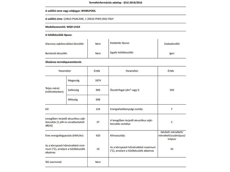 Whirlpool WQ9 U1GX Side by side hűtőszekrény