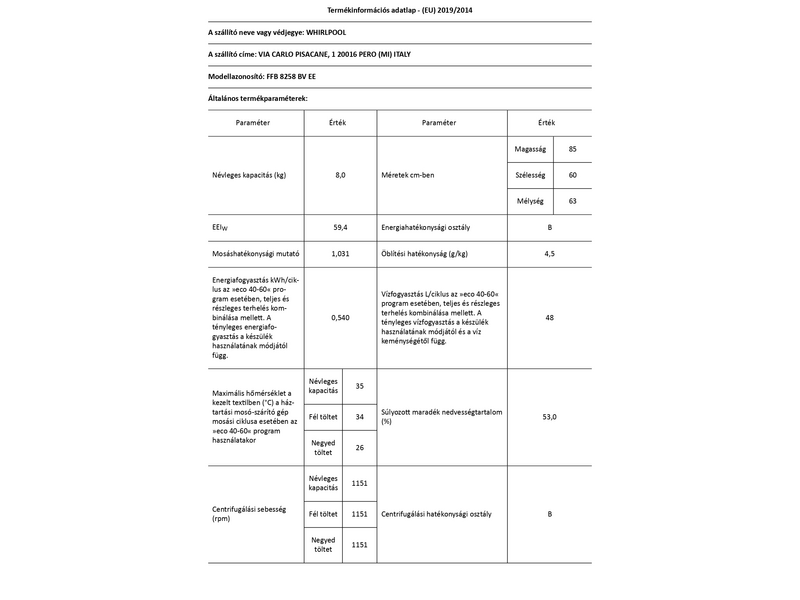 Whirlpool FFB 8258 BV EE elöltöltős mosógép
