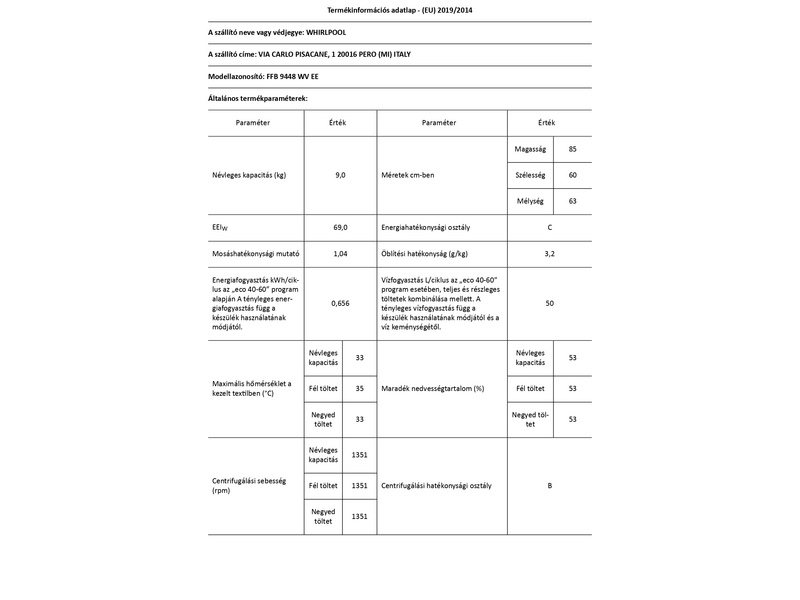 Whirlpool FFB 9448 WV EE Elöltöltős mosógép