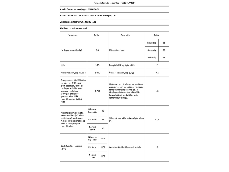 Whirlpool FWSG 61282 BV EE N Elöltöltős keskeny mosógép