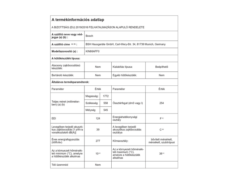 Bosch KIN86AFF0 Beépíthető alulfagyasztós kombinált hűtőszekrény