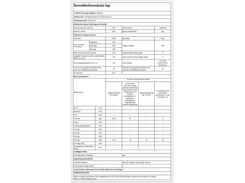 Gorenje RKI 2181A1 beépíthető alulfagyatós hűtőszekrény