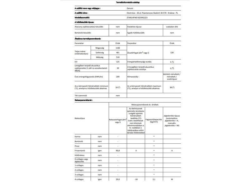 Zanussi ZTAN14FW0 Kombinált hűtőszekrény, 118 cm