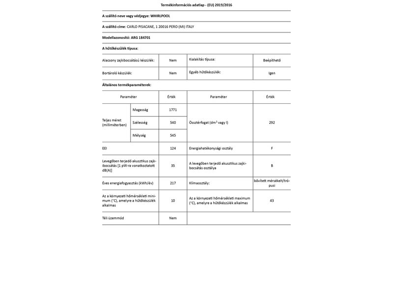 Whirlpool ARG 184701 Beépíthető felülfagyasztós kombinált hűtőszekrény