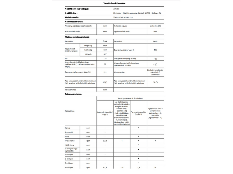 Zanussi ZTAN24FW0 Kombinált hűtőszekrény, 144 cm
