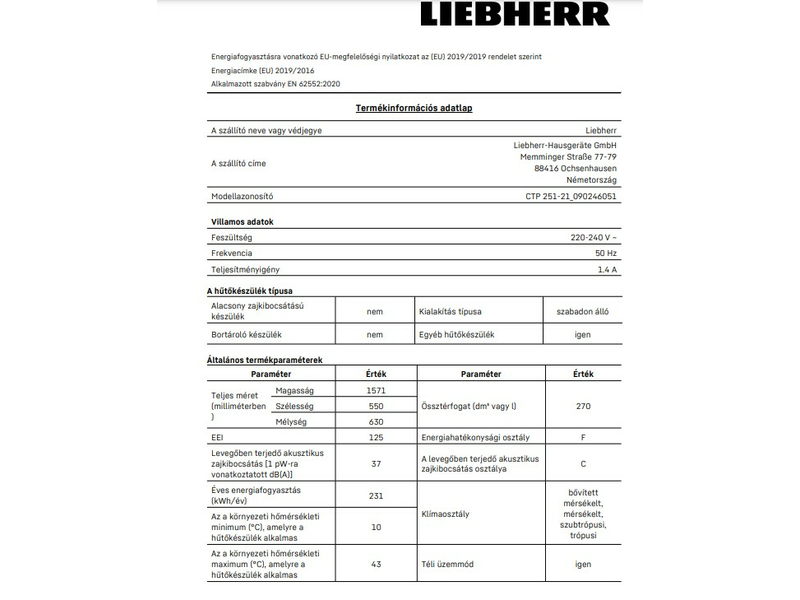 Liebherr CTP 251 Felülfagyasztós hűtőszekrény