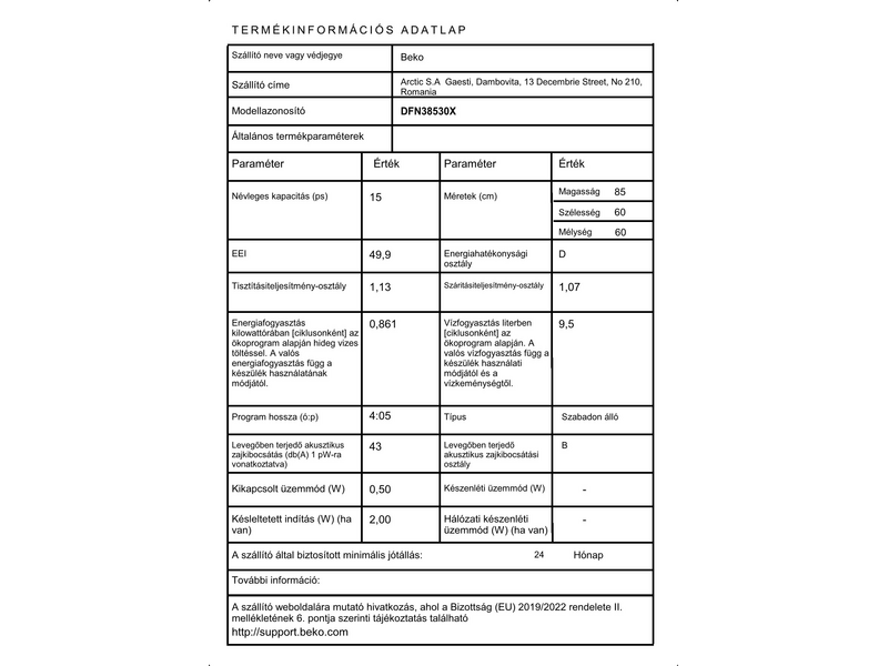 Beko DFN38530X Szabadonálló mosogatógép