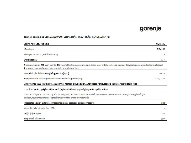 GORENJE GI64160 Beépíthető mosogatógép