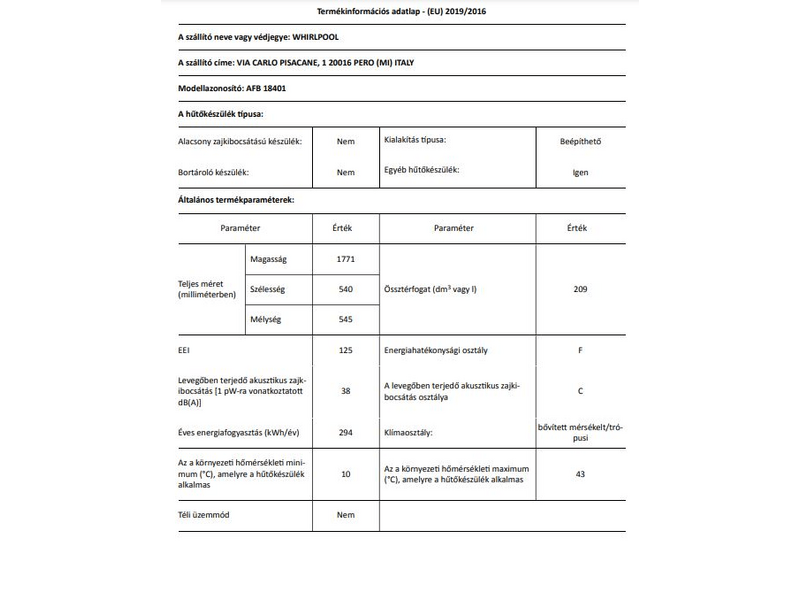 Whirlpool AFB 18401 Beépíthető fagyasztószekrény