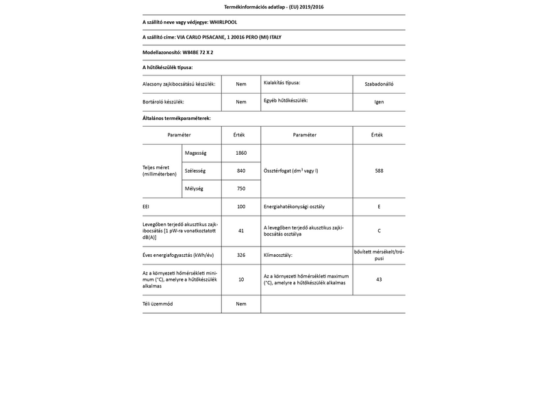 Whirlpool W84BE 72 X 2 Alulfagyasztós kombinált hűtőszekrény