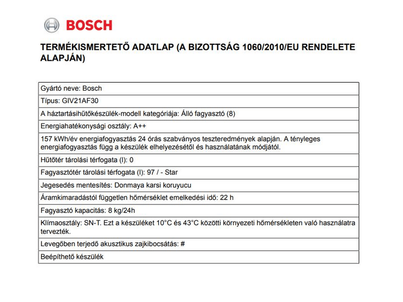 BOSCH GIV21AF30 Beépíthető fagyasztószekrény
