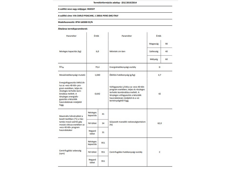 Indesit BTW L60300 EE/N Felültöltős mosógép