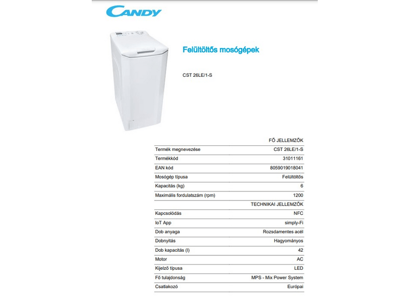 Candy CST26LE/1-S Felültöltős mosógép