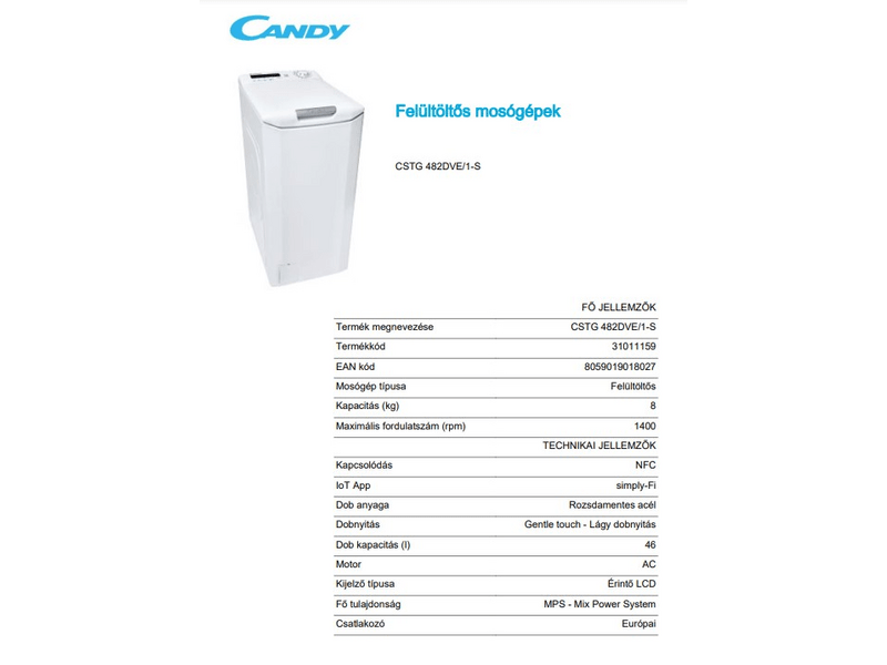 Candy CSTG 482DVE/1-S Felültöltős mosógép