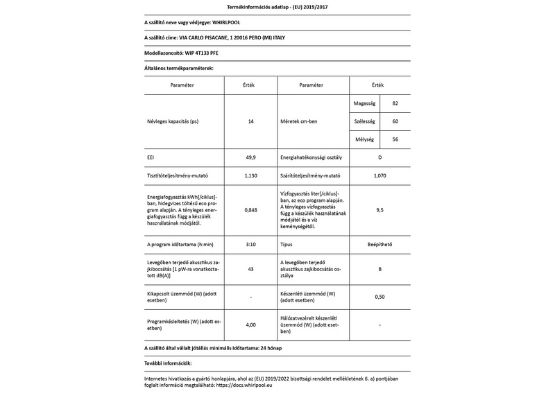Whirlpool WIP 4T133 PFE Beépíthető integrált mosogatógép