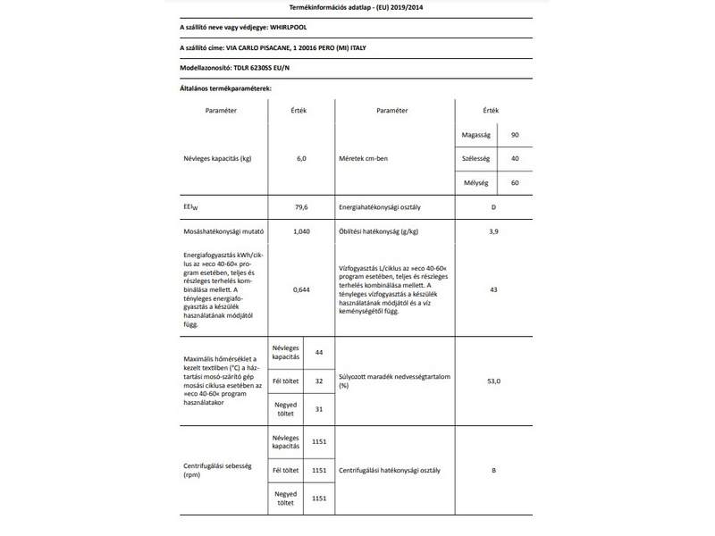 Whirlpool TDLR 6230SS EU/N Felültöltős mosógép