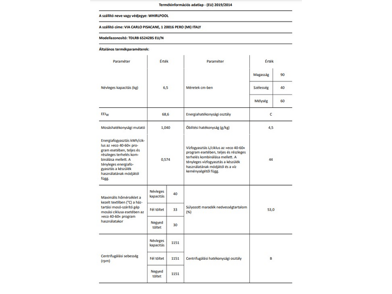 Whirlpool TDLRB 65242BS EU/N Felültöltős mosógép