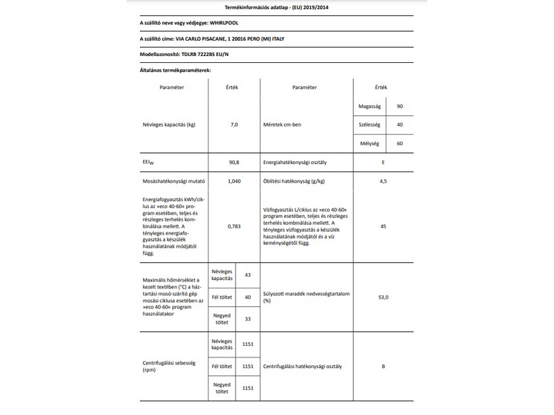 Whirlpool TDLRB 7222BS EU/N Felültöltős mosógép
