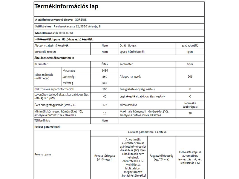 Gorenje RF414EPS4 Felülfagyasztós hűtőszekrény