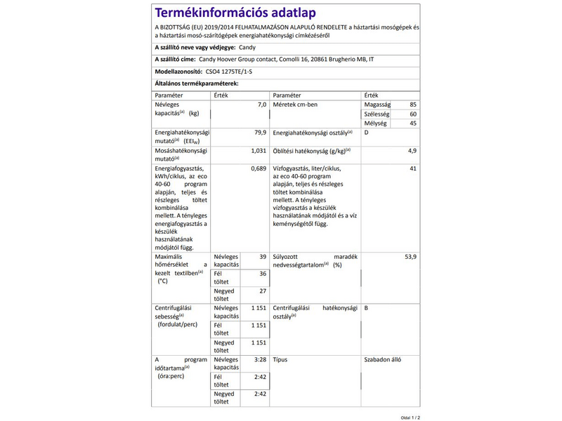 Candy CSO4 1275TE/1S Elöltöltős mosógép