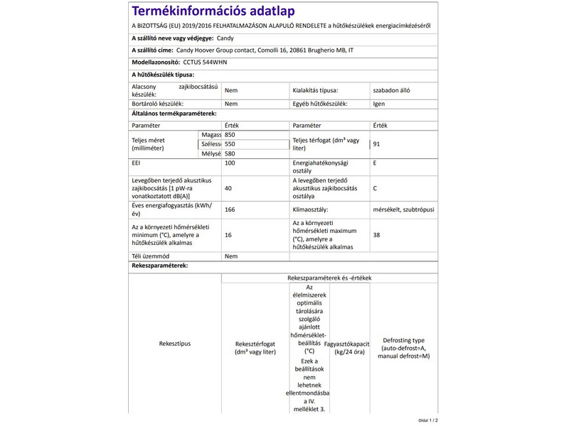 Candy CCTUS 544WHN Fagyasztószekrény