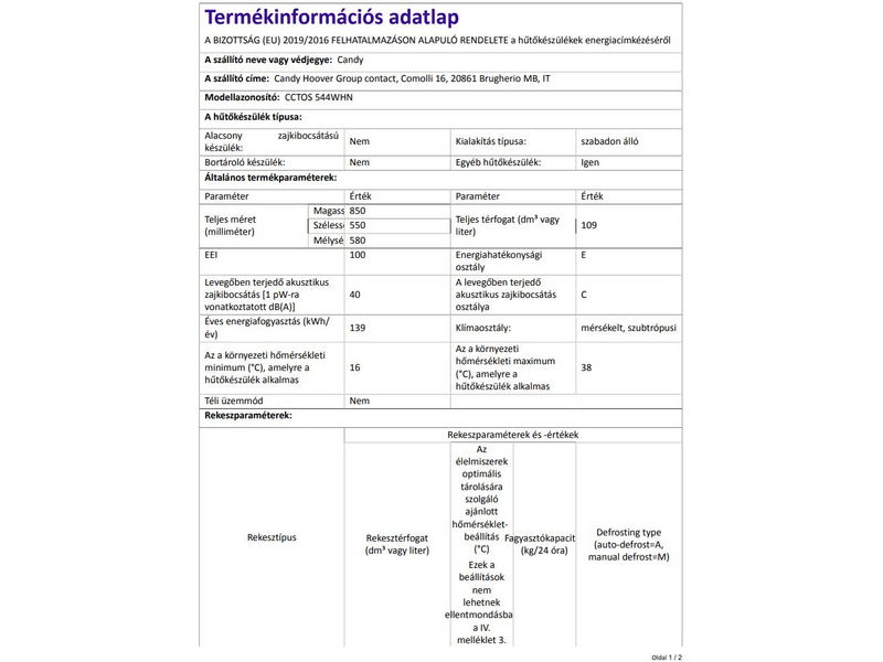 Candy CCTOS 544WHN Hűtőszekrény