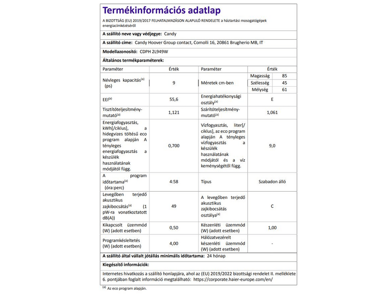 Candy CDPH 2L949W Szabadonálló keskeny mosogatógép