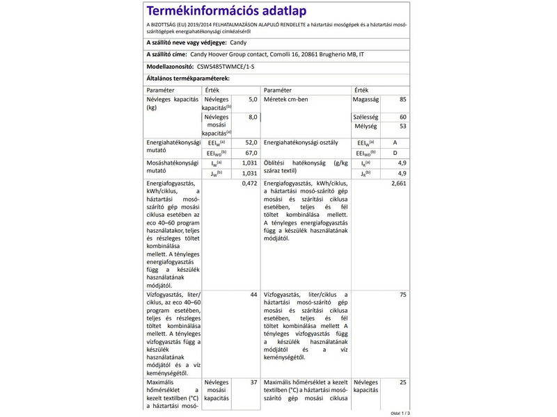 Candy CSWS485TWMCE/1-S Mosó-szárítógép
