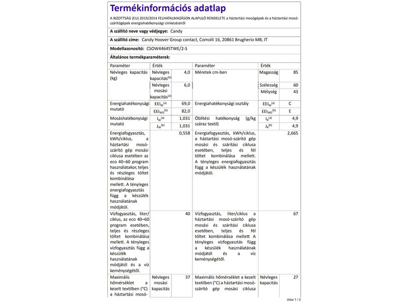 Candy CSOW44645TWE/2-S Smart Pro Mosó-szárítógép