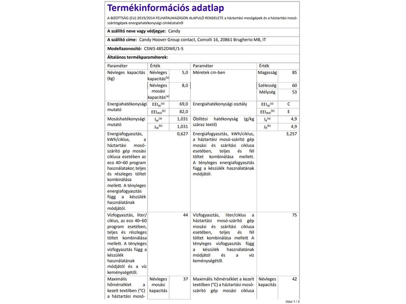 Candy CSWS 4852DWE/1-S Elöltöltős mosó-szárítógép