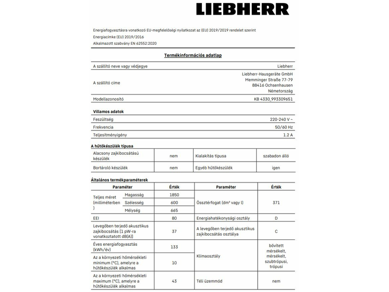 Liebherr KB 4330-21 Egyajtós hűtőszekrény