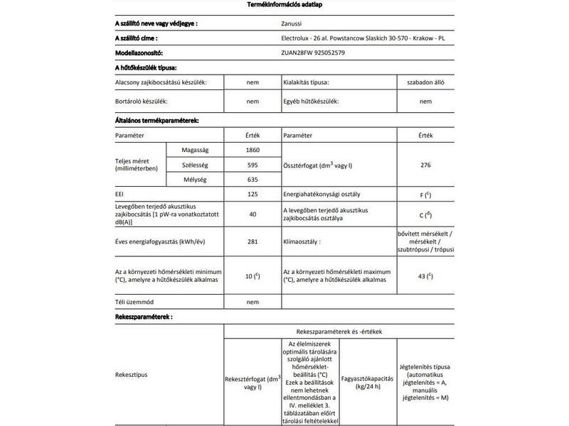 Zanussi ZUAN28FW Fagyasztószekrény
