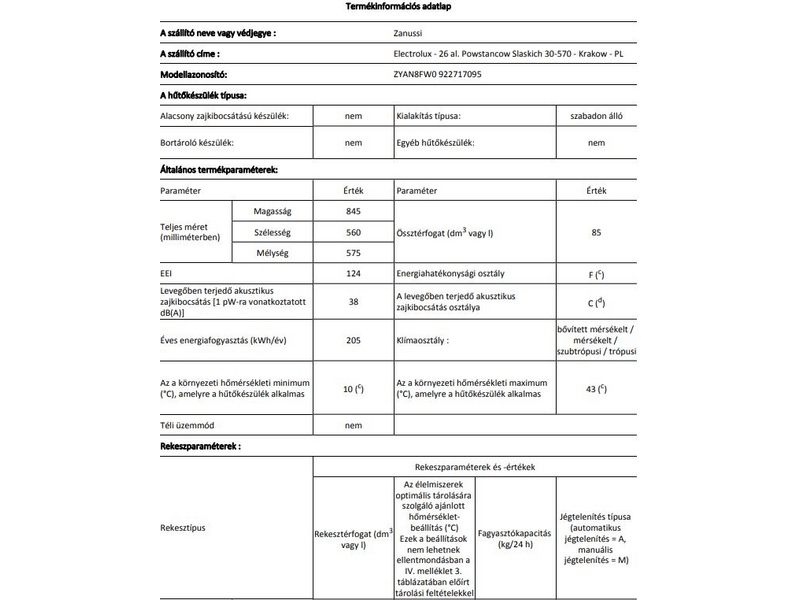 Zanussi ZYAN8FW0 Fagyasztószekrény, 82 l, 3 fiók