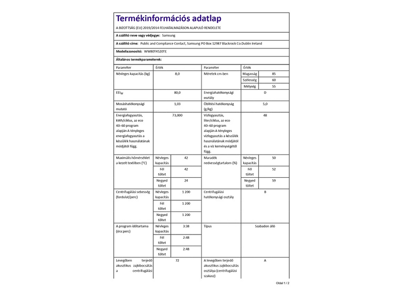 Samsung WW80T4520TE/LE Elöltöltős mosógép