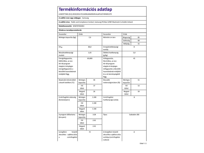 Samsung WW70T4020EE/LE Elöltöltős mosógép