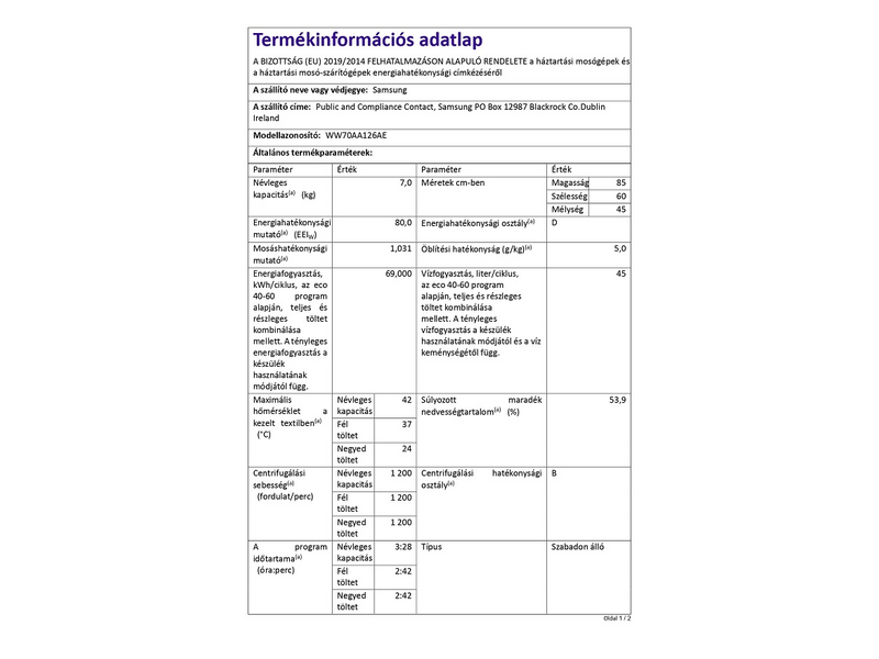 Samsung WW70AA126AE/LE Elöltöltős mosógép, fehér