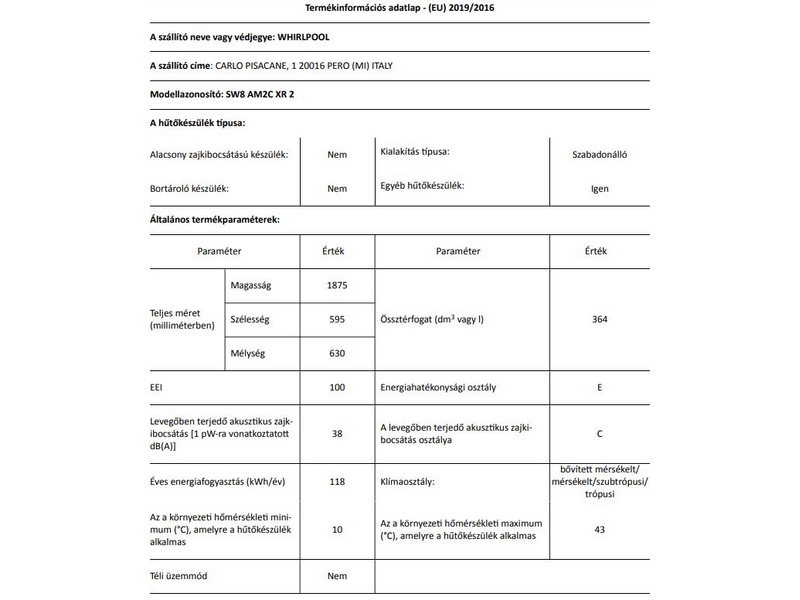 Whirlpool SW8 AM2C XR 2 Egyajtós hűtőszekrény
