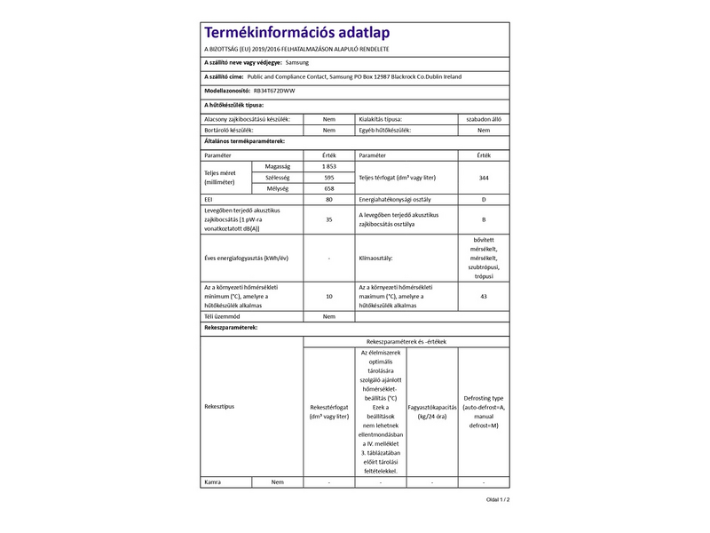 Samsung RB34T672DWW/EF Alulfagyasztós kombinált hűtőszekrény