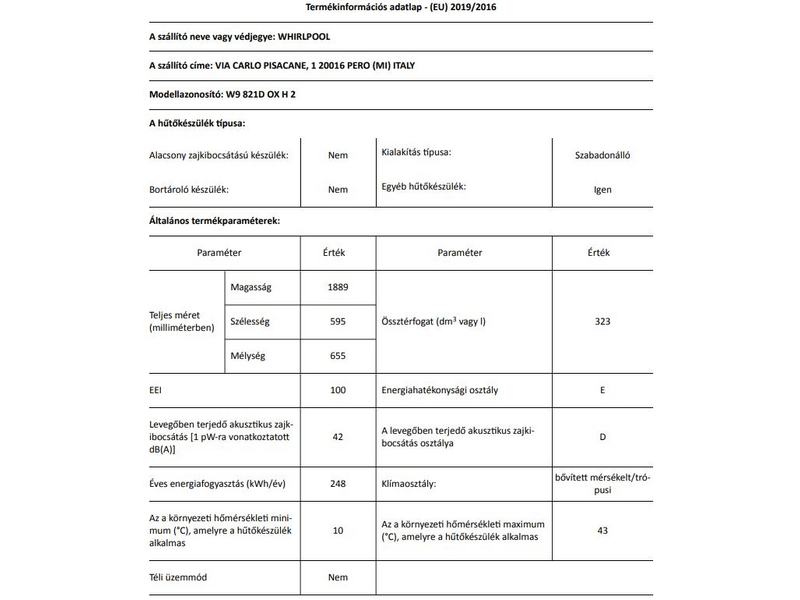Whirlpool W9 821D OX H 2 Alulfagyasztós kombinált hűtőszekrény