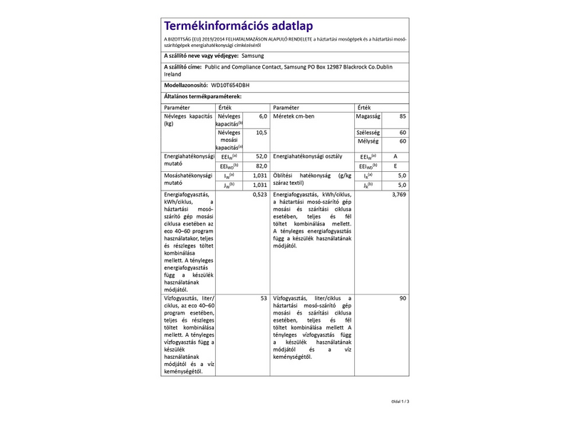Samsung WD10T654DBH/S6 Mosó- és szárítógép