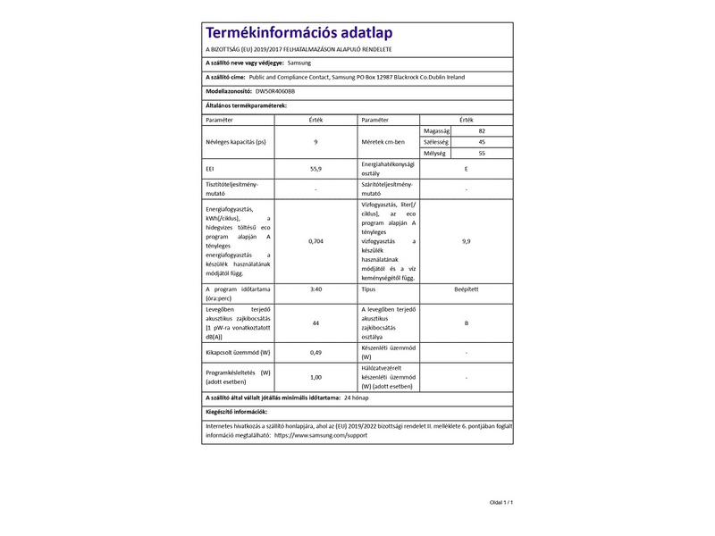 Samsung DW50R4060BB/EO Beépíthető integrált mosogatógép