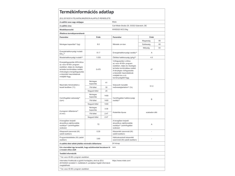 Miele WWD020 WCS Elöltöltős mosógép