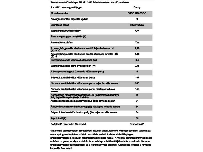 Candy CSOE H9A2DE-S hőszivattyús szárítógép