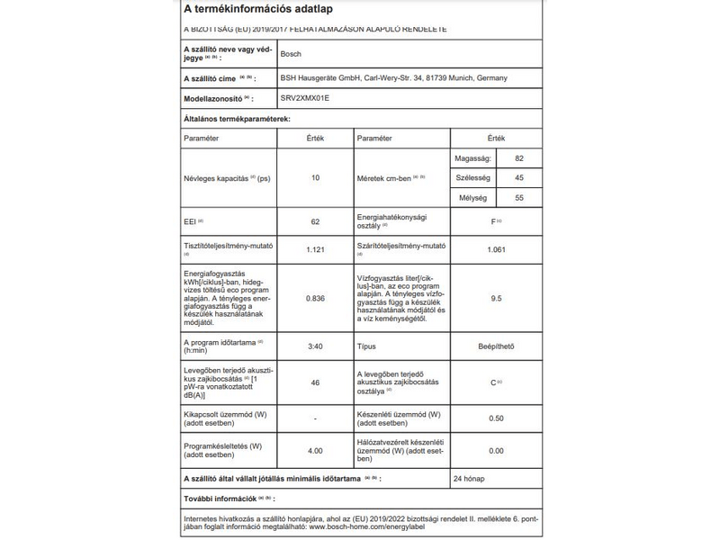 Bosch SRV2XMX01E Beépíthető mosogatógép, 45 cm, fehér